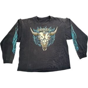 Vintage Harley-Davidson Black Tee with Teal Flame Skull